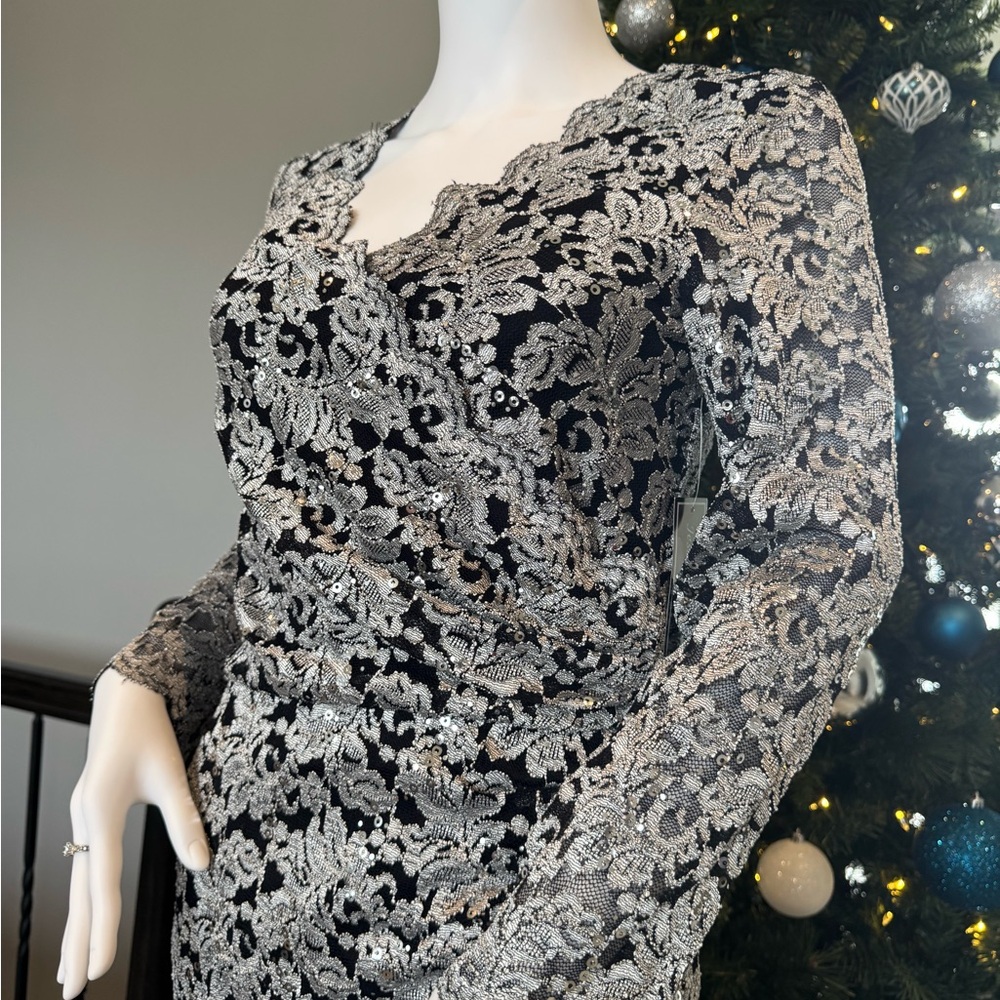 Elegant Lace Overlay Dress in Black and Gray